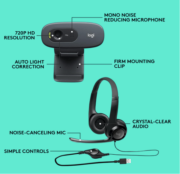 Logitech C270 Webcam HD Video and Logitech H390 USB Headset,
